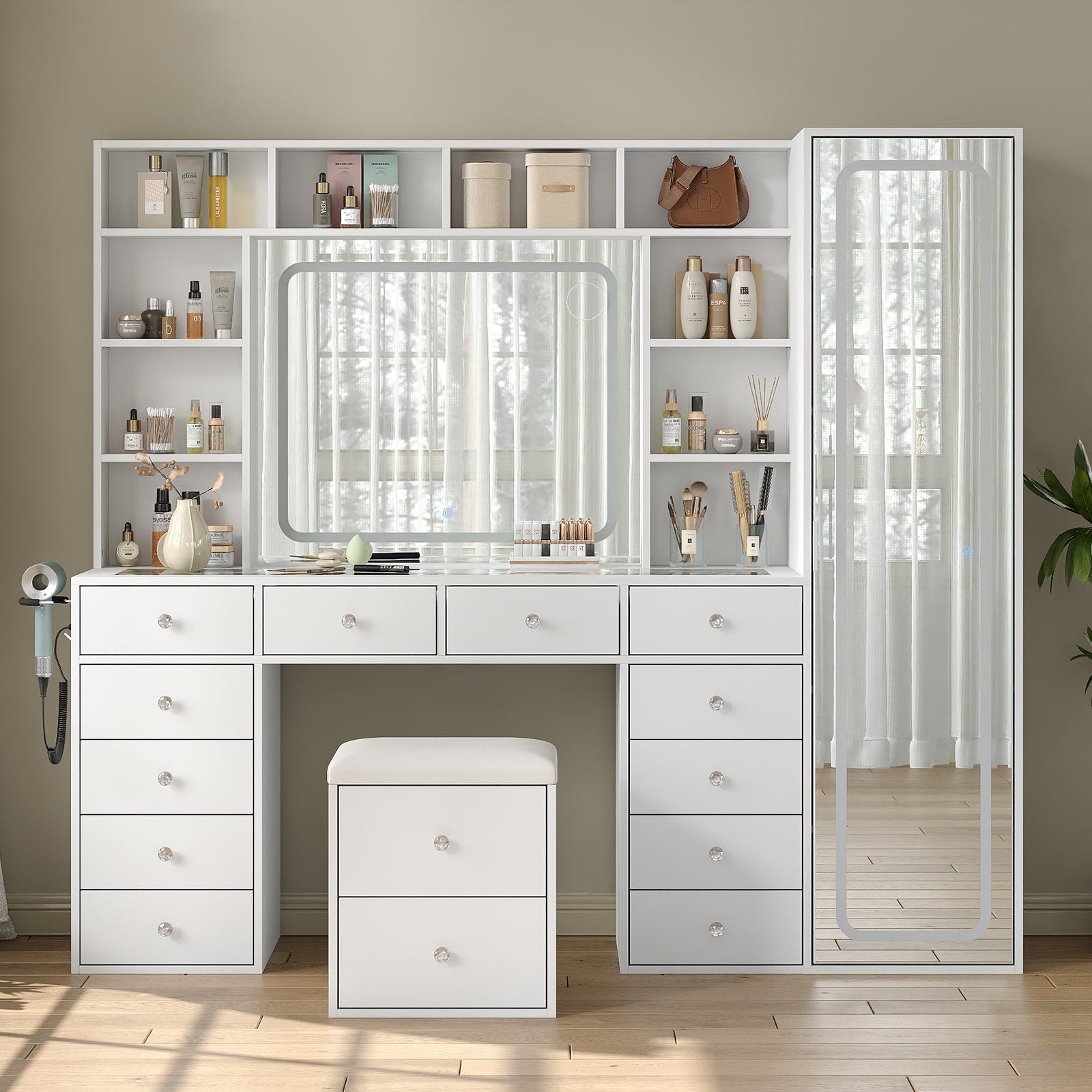 14-Drawer Full-Length Mirror Vanity Desk with 10 Shelves, White - Vektaya