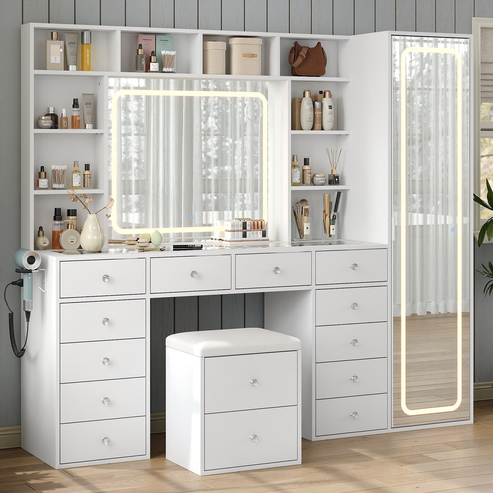 14-Drawer Full-Length Mirror Vanity Desk with 10 Shelves, White - Vektaya