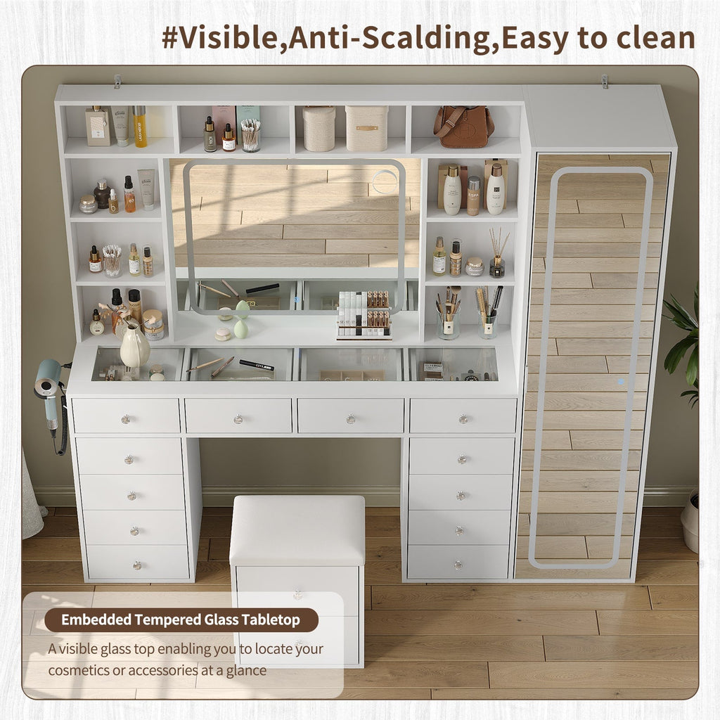 14-Drawer Full-Length Mirror Vanity Desk with 10 Shelves, White - Vektaya