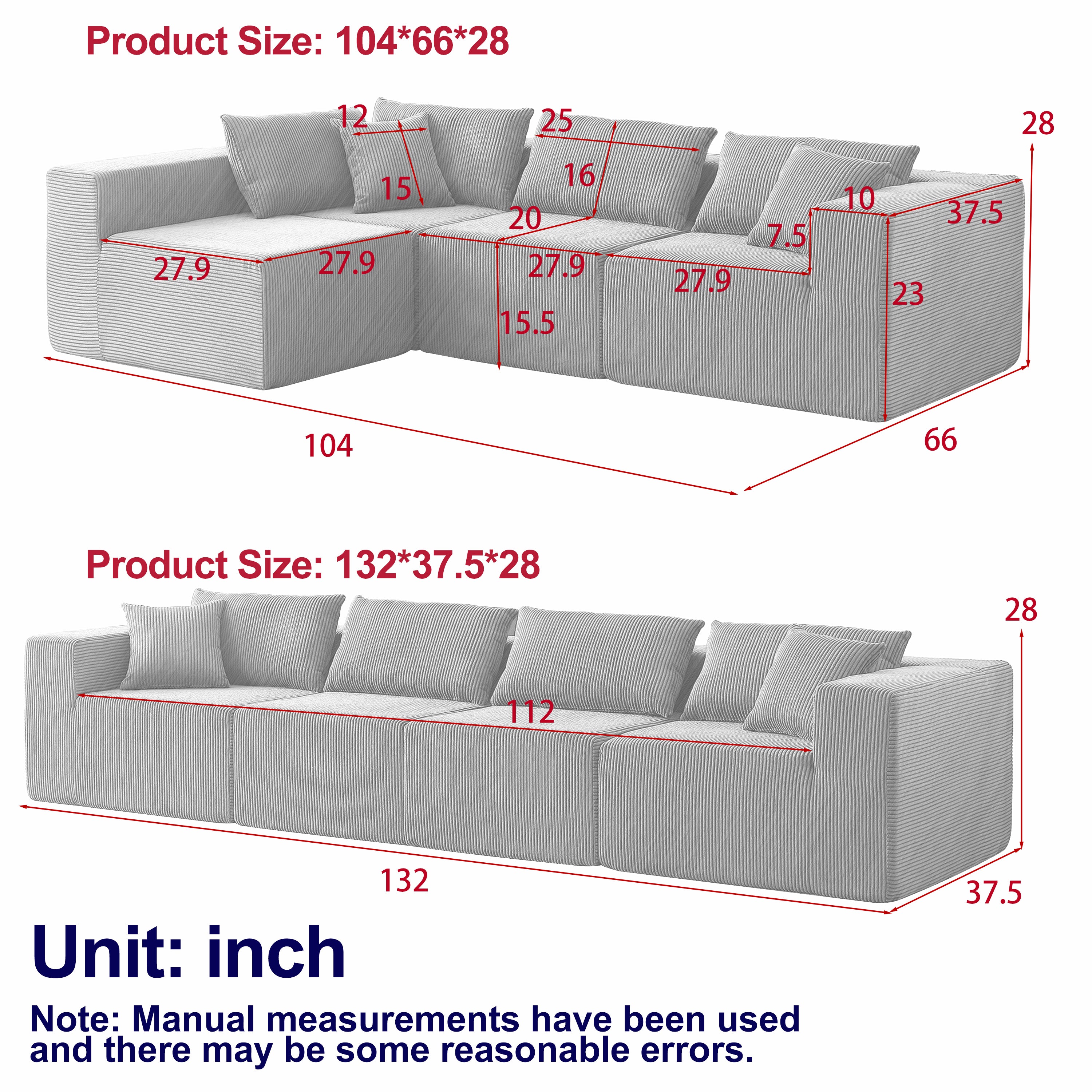 104-Inch Corduroy  Modular L Shaped Sectional Sofa,Luxury Floor Couch Set,Upholstered Indoor Furniture,Foam-Filled Compressed Sofa For Living Room,Bedroom,4 PC Free Combination