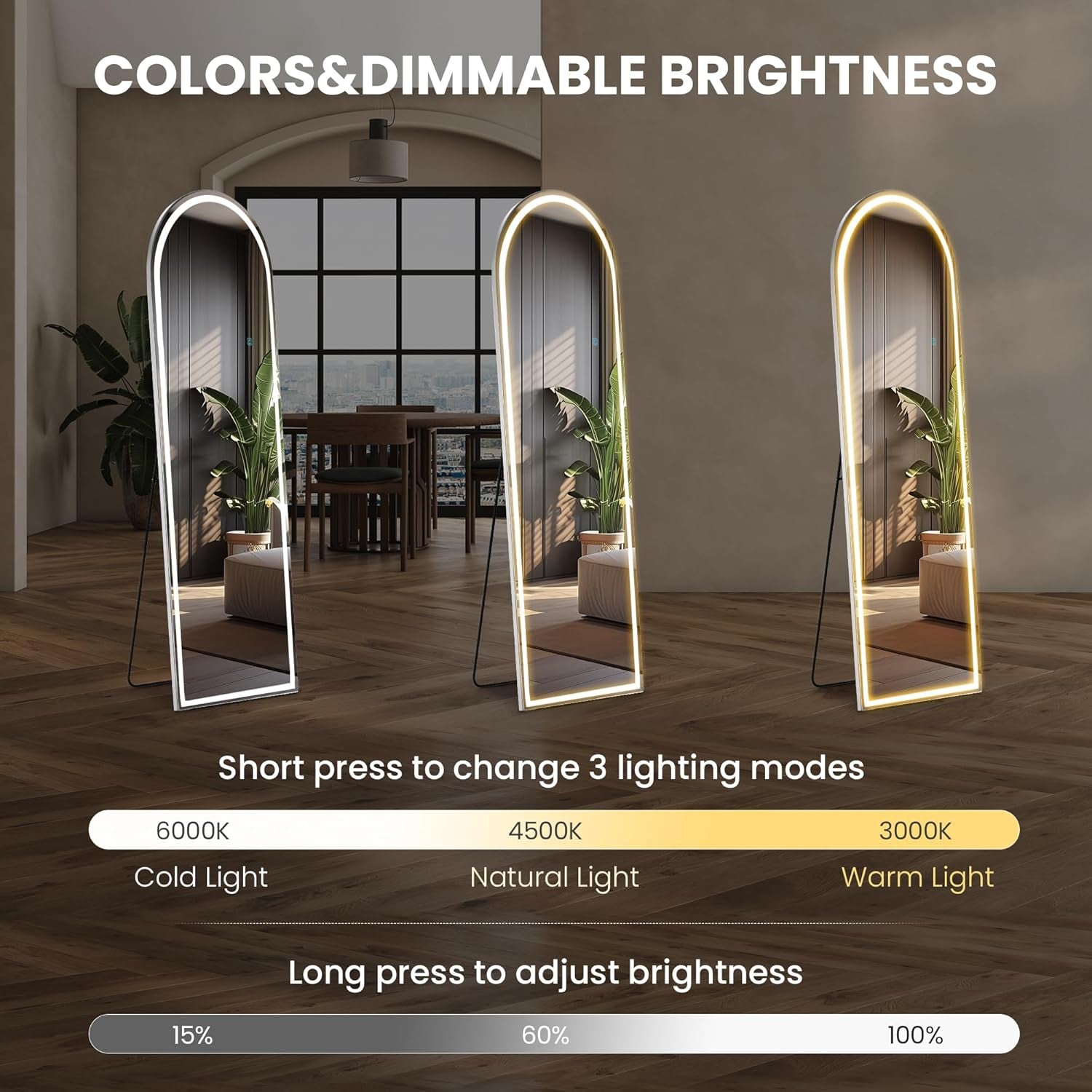 Arched Full Length LED Mirror 61x17 Inch Dimmable 3 Color Floor Stand