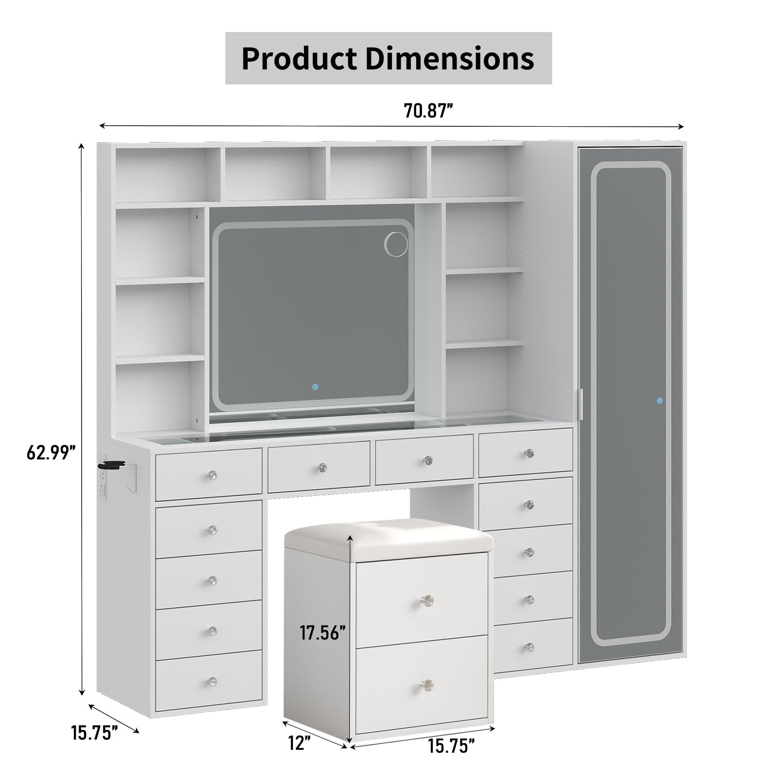 14-Drawer Full-Length Mirror Vanity Desk with 10 Shelves, White - Vektaya