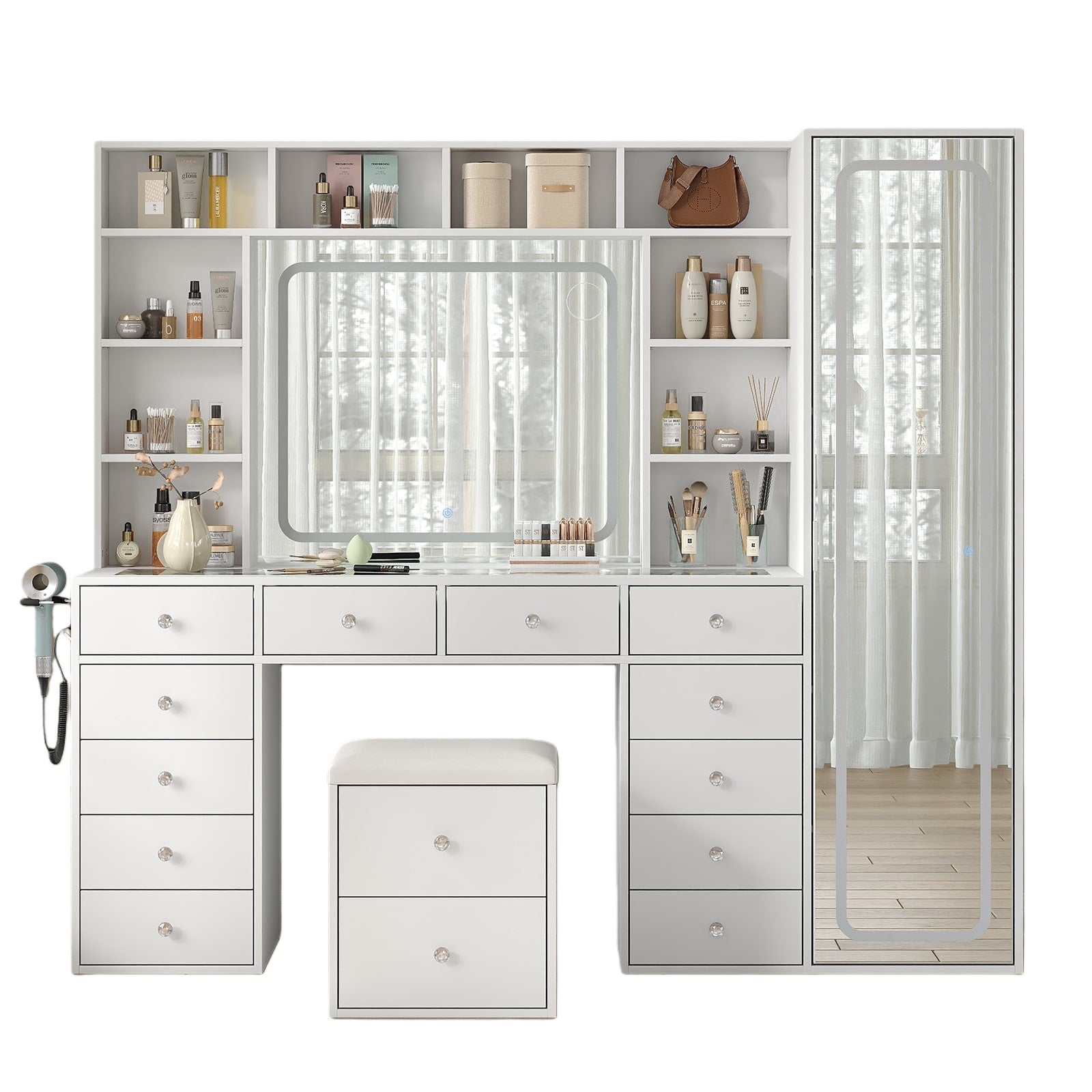 14-Drawer Full-Length Mirror Vanity Desk with 10 Shelves, White - Vektaya